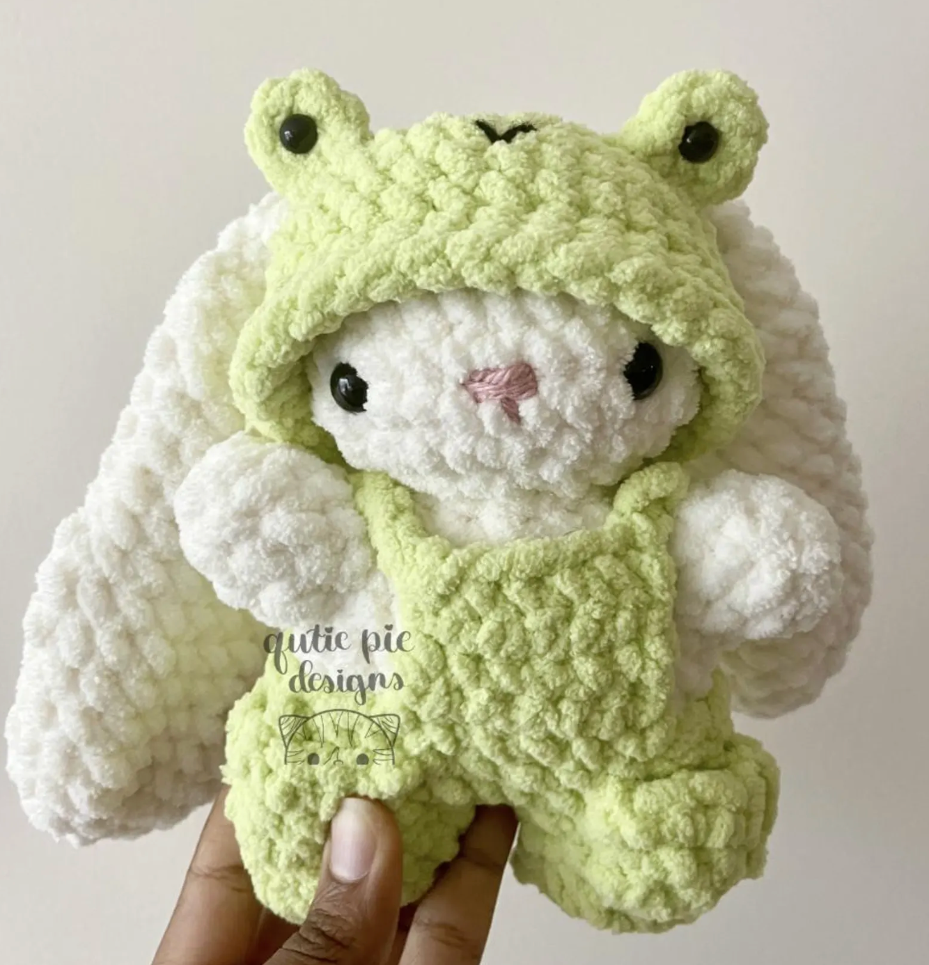 Crochet Frog Bunny with Overalls Plushie