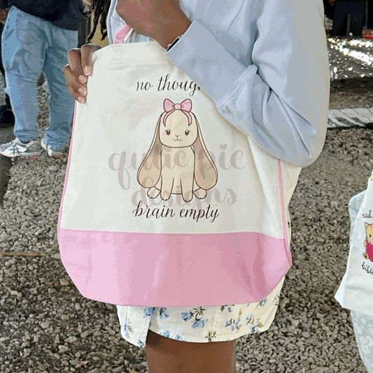 No Thoughts, Brain Empty Bunny Cotton Tote Bag (Large Tote w/ Pockets)